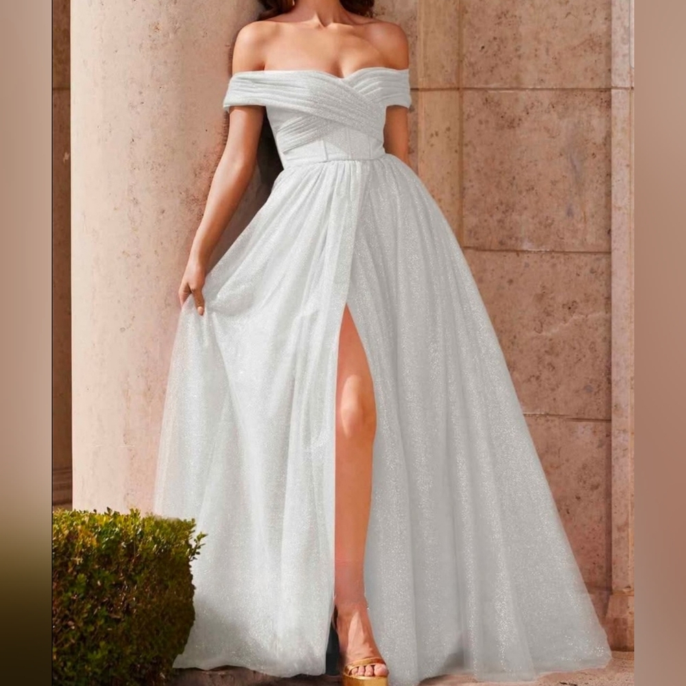 Off-Shoulder Ivory Evening Gown with Thigh Slit